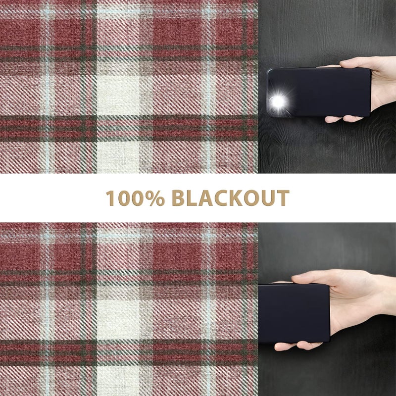 always4u Plaid Curtains 100% Blackout Thermal Drapes for Bedroom Check Woolen Look Farmhouse Living Room Curtains 2 Panels 45 * 84 Classic Red - Image 2